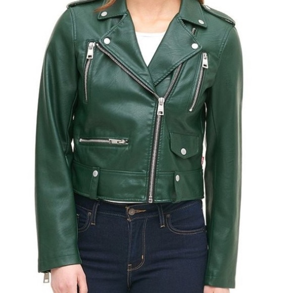 Feicui Jackets & Blazers - Women's Green Faux Leather Jacket